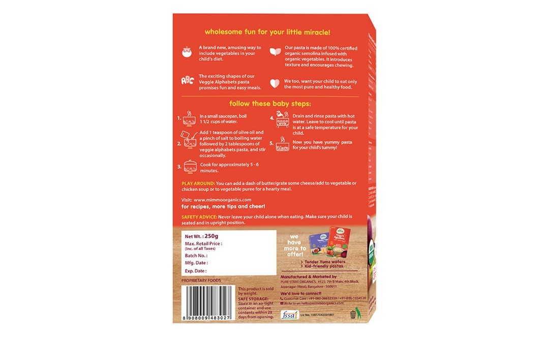 Mimmo Organics Veggie Alphabets - Beetroot, Tomato, Carrot & Spinach Pasta   Box  250 grams